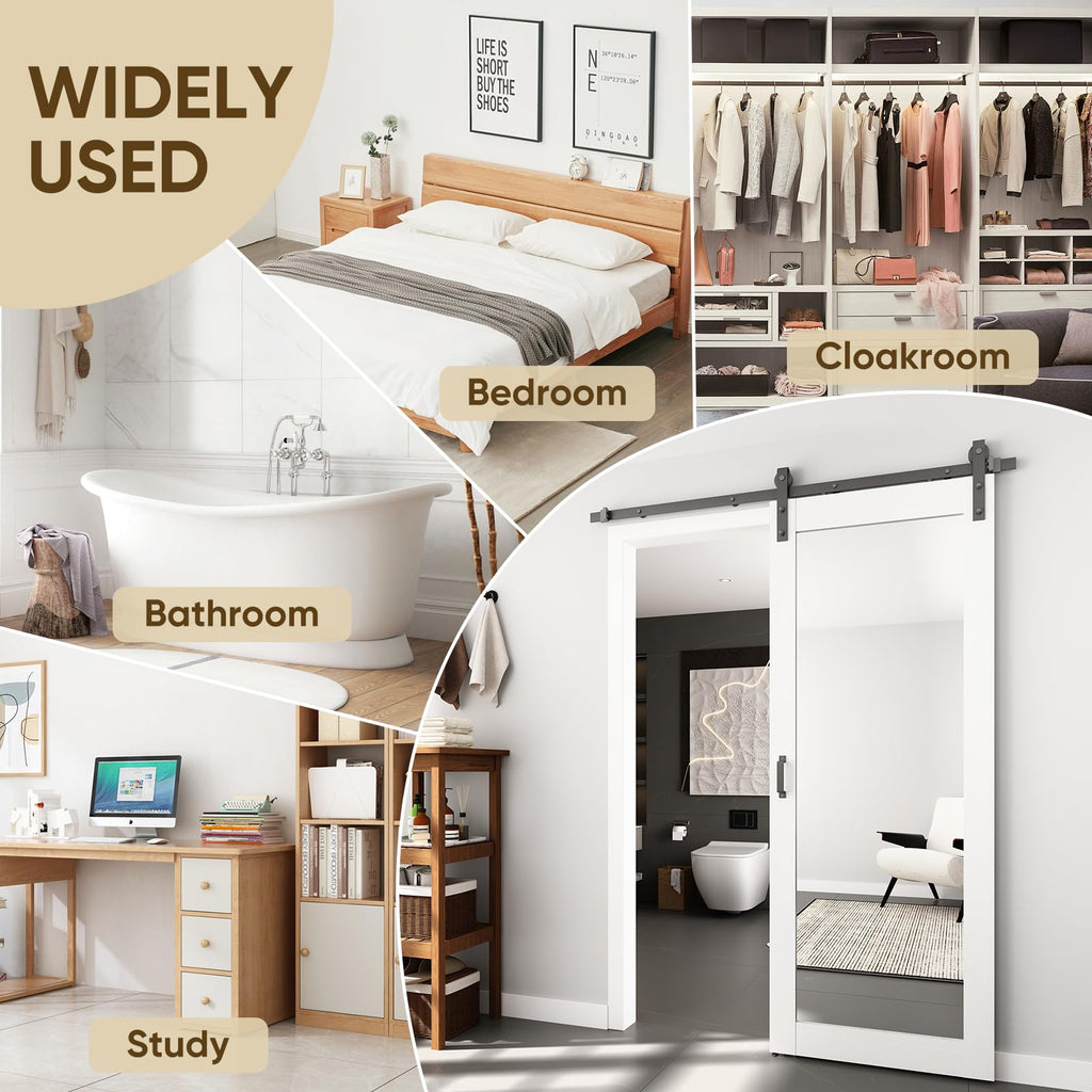 36in x 80in Mirror Barn Door with 6.6FT Hardware Kit, White