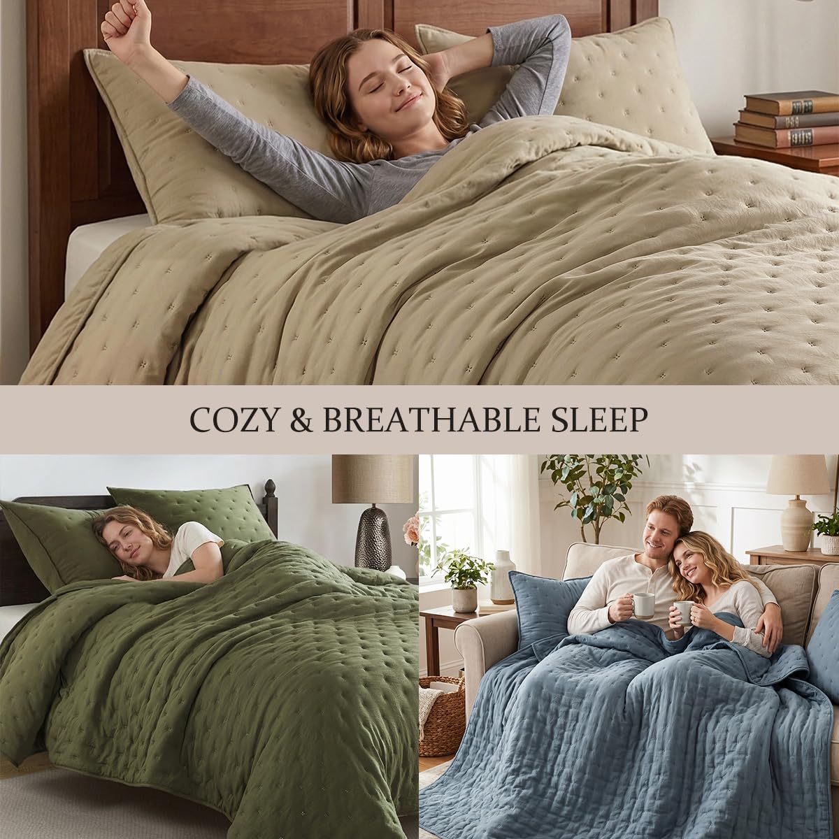 Dusty Blue Quilt Bedding Set, California Lightweight Soft Bedspread, Farmhouse Rustic