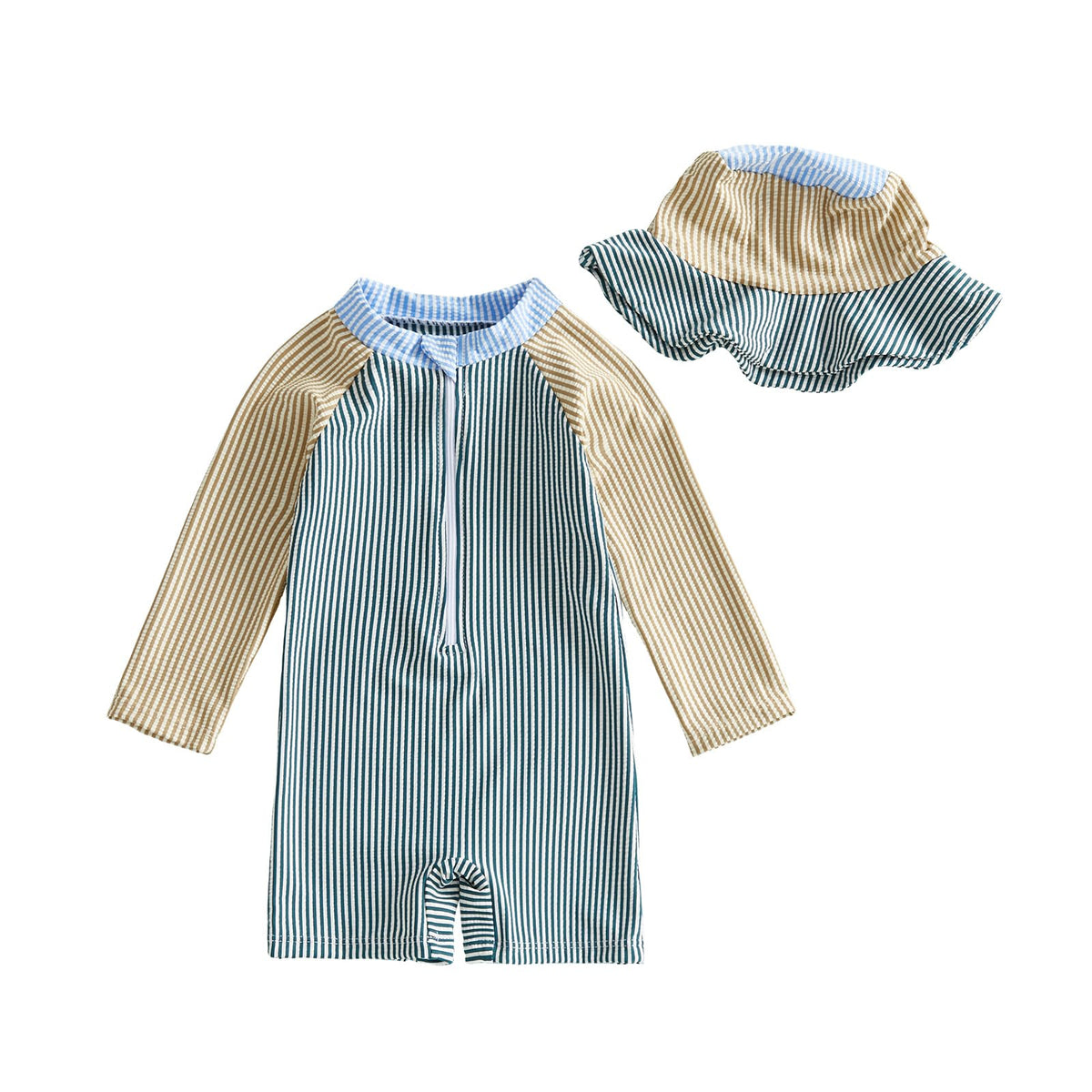 Toddler Baby Boys Seersucker Long Sleeve One Piece Rash Guard Swimsuit Zipper Bathing Suit Swimwear with Hat