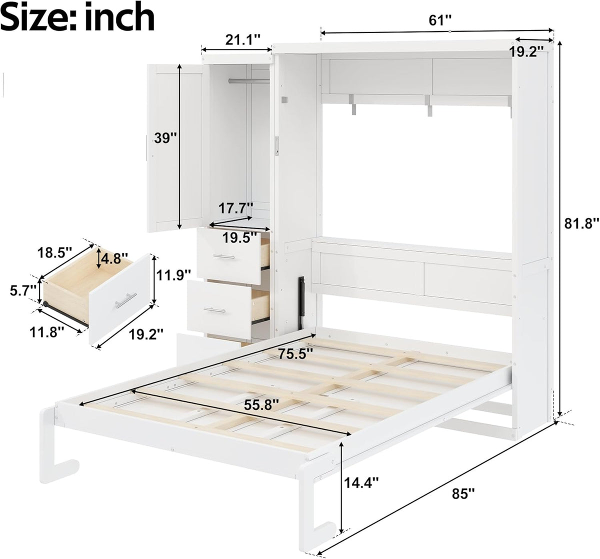 Full Murphy Bed with Wardrobe and Drawers, Space-Saving Wall Bed Frame with Storage Cabinet, Foldable Platform Bed