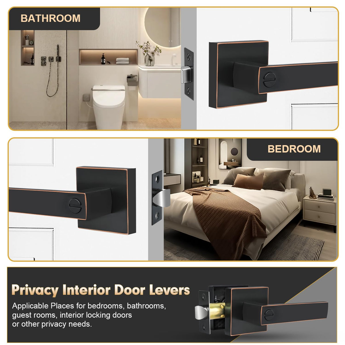 Privacy Door Levers, 6 Pack Oil Rubbed Bronze Door Handles Interior Heavy Duty Bed and Bath Keyless Door Locksets
