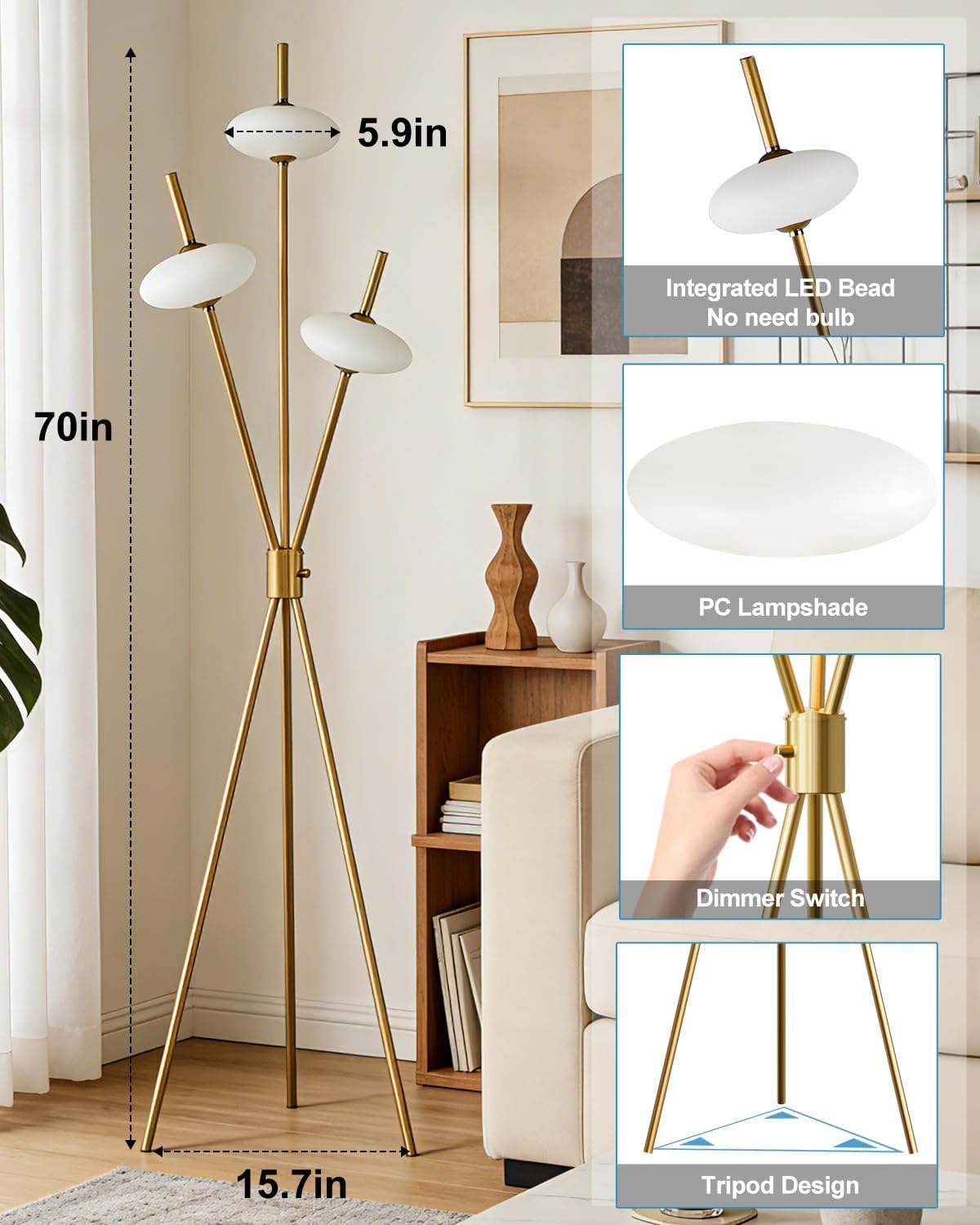 Tripod Floor Lamp Stepless Dimmable Gold Standing Tall Lamps with 3PCS Elliptical Lampshades Mid Century Modern Floor