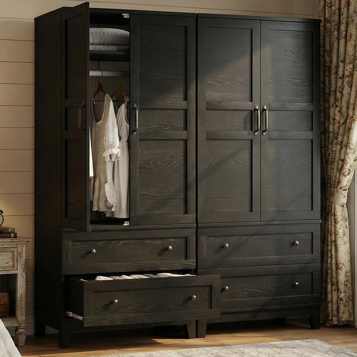 Armoire Wardrobe Closet with 2 Drawers, 72" Tall Wooden Clothing Wardrobe with Hanging Rod & DIY Adjustable Shelf