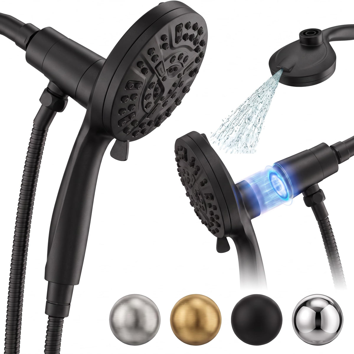 High Pressure Handheld Shower Head Matte Black- Anti-clog Nozzles, Built-in Power Wash to Clean Tub, Wall & Overhead