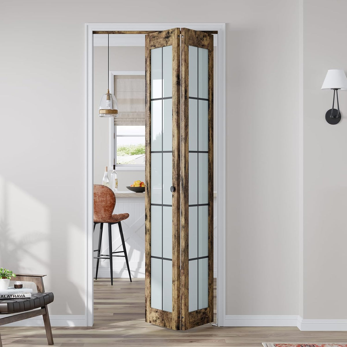 Preassembled Bifold Closet Doors for 36" X 80" Opening, Country Style,Space Saving, Tempered Frosted Glass with Black