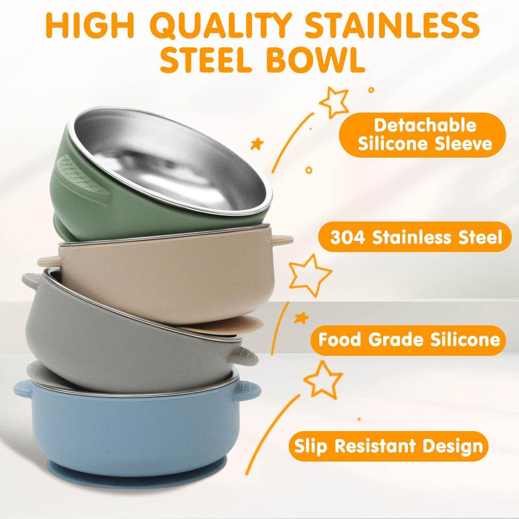 4 Pack Stainless Steel Baby Bowls with Suction 2-in-1