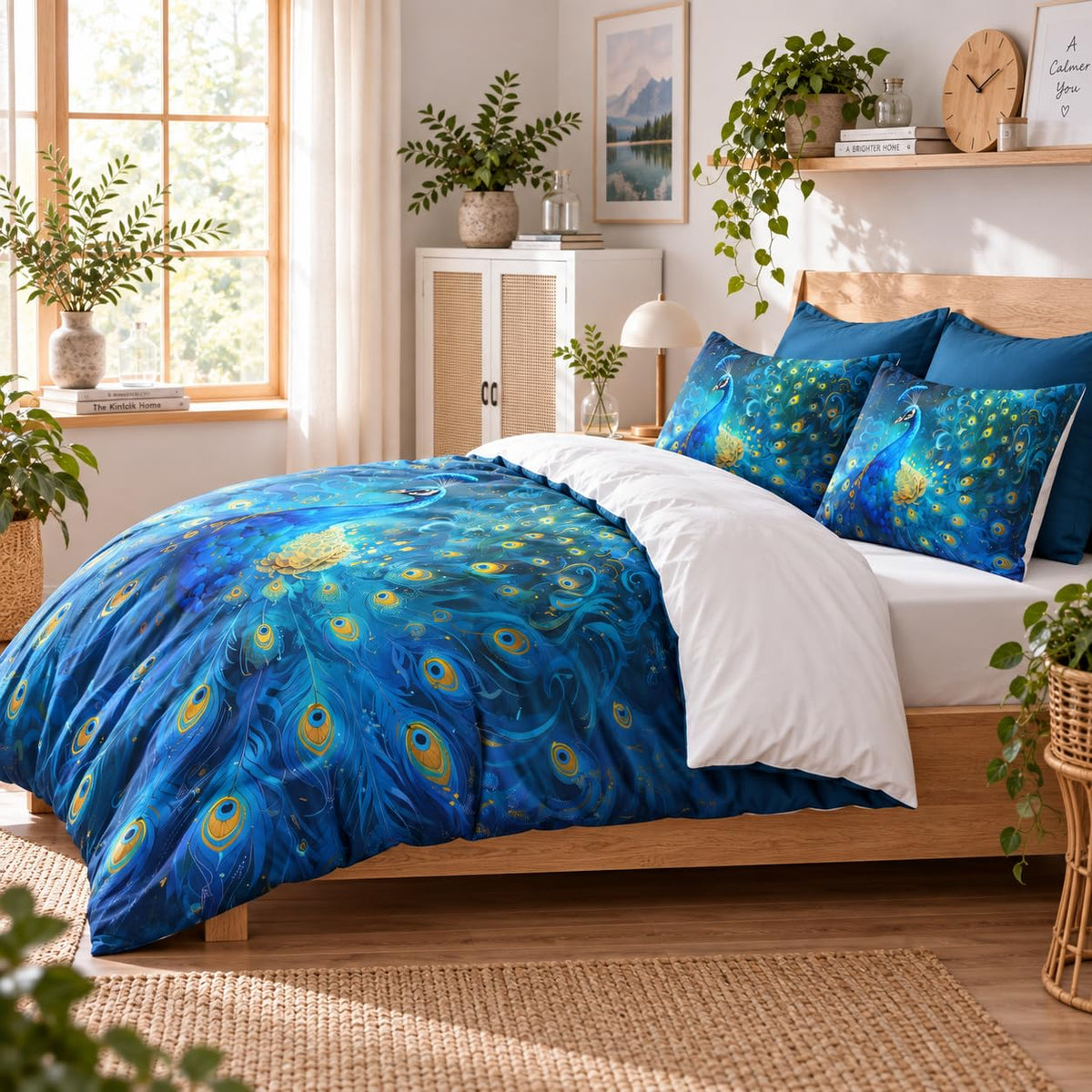 Blue Peacock Queen Size Comforter Set, Bird Animal Feather Bedding Sets, Victorian Ultra Soft Fluffy Microfiber