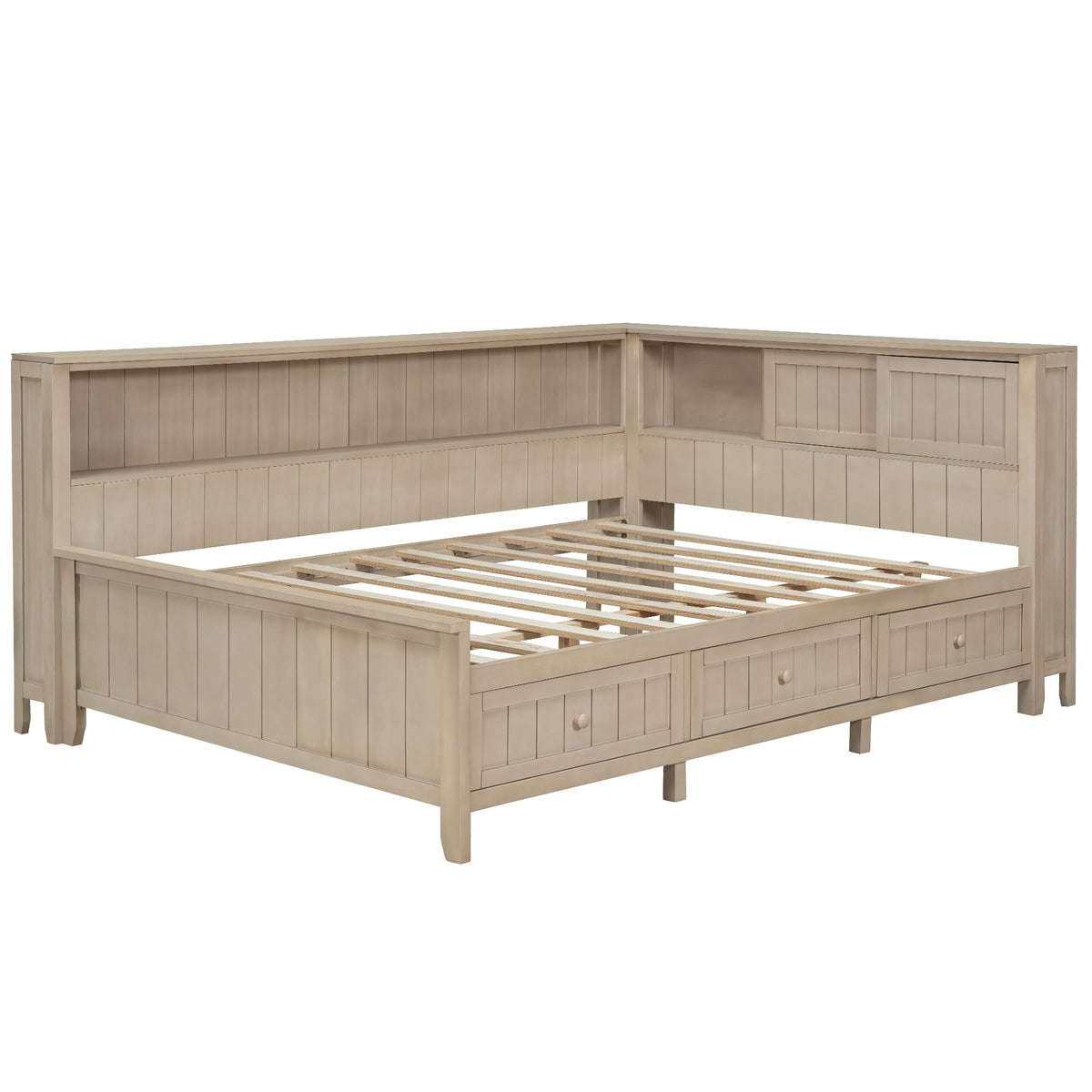 Wood Day Bed with Storage Drawers, Farmhouse Daybed with Shelves, Storage Headboard and Sliding Doors, L
