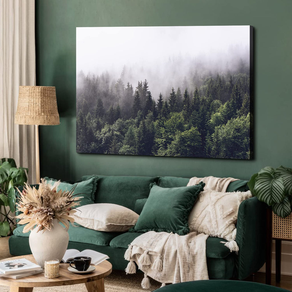 Pine Tree Canvas Wall Art Kitchen, Rustic Misty Foggy Forest Scenery Picture Wall Decor Nature Mountain Landscape