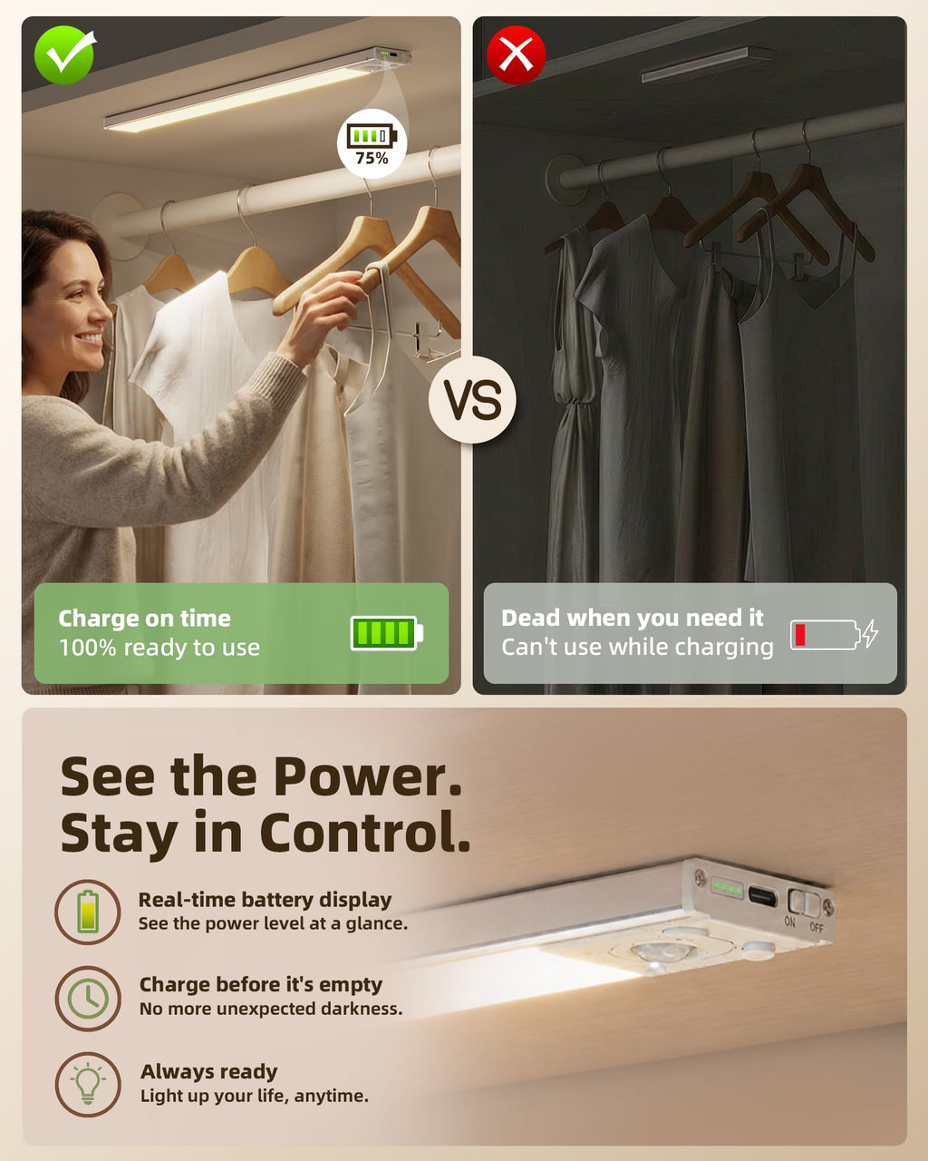 Under Cabinet Lighting Wireless, 6Pack 17'' Rechargeable Closet Lights, LED Motion Sensor Indoor, Dimmable & 3 Color