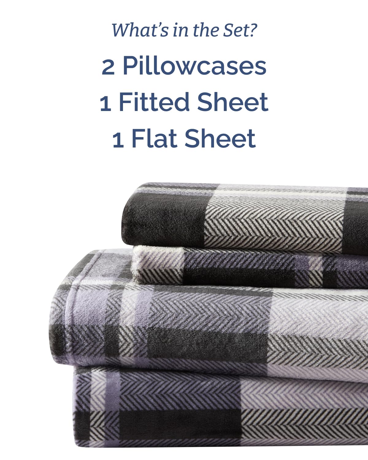 Fleece Sheets Set - 4-Piece Flannel Sheet Set - Grey Tartan