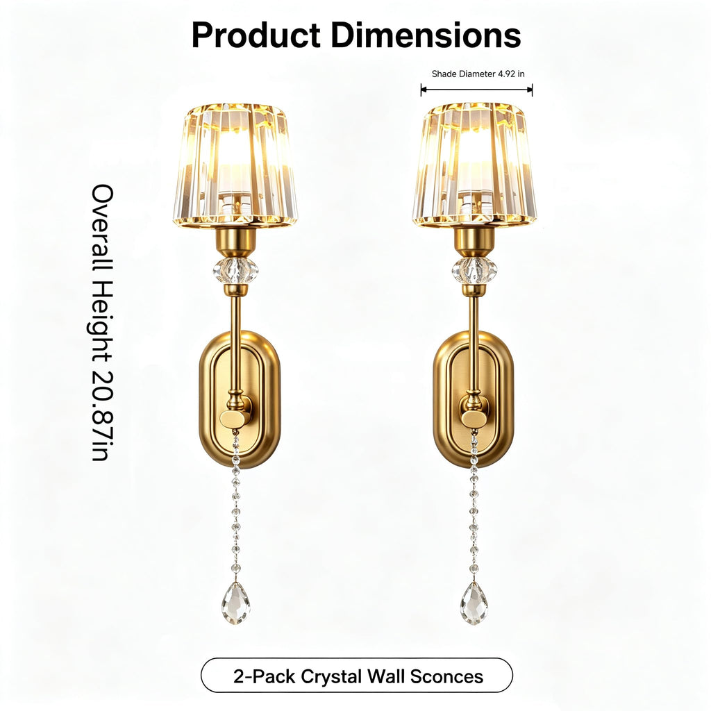 2 Pack Rechargeable Gold Crystal Wall Sconces, 5000mAh Battery Operated Wireless Wall Lamp, 15 Color Changing