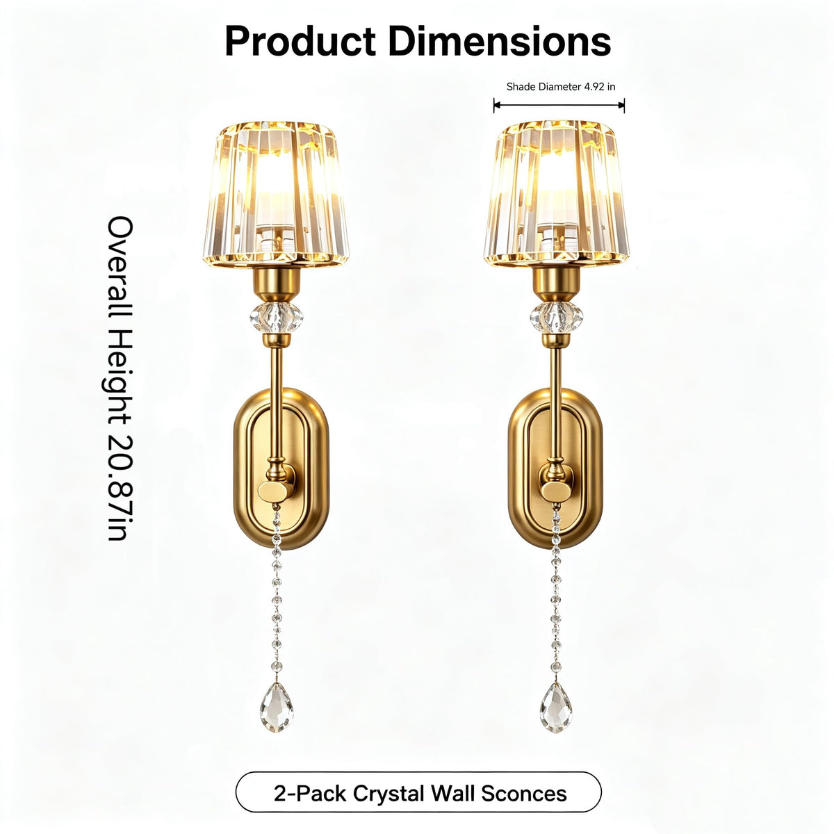 2 Pack Rechargeable Gold Crystal Wall Sconces, 5000mAh Battery Operated Wireless Wall Lamp, 15 Color Changing