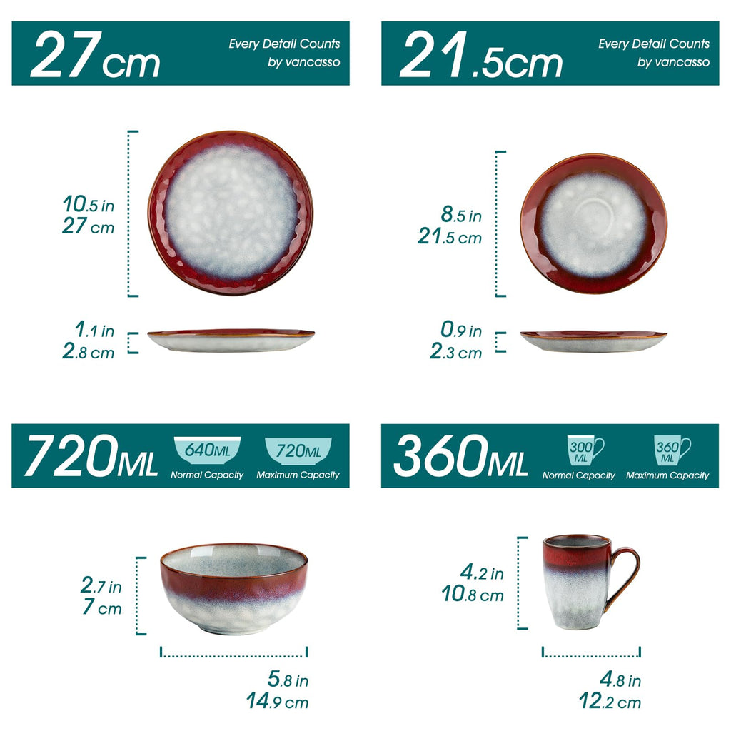 Starry 16 Pcs Dinnerware Set for 4, Handmade Reactive Glaze, Red