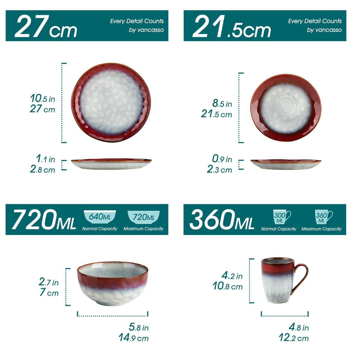 Starry 16 Pcs Dinnerware Set for 4, Handmade Reactive Glaze, Red