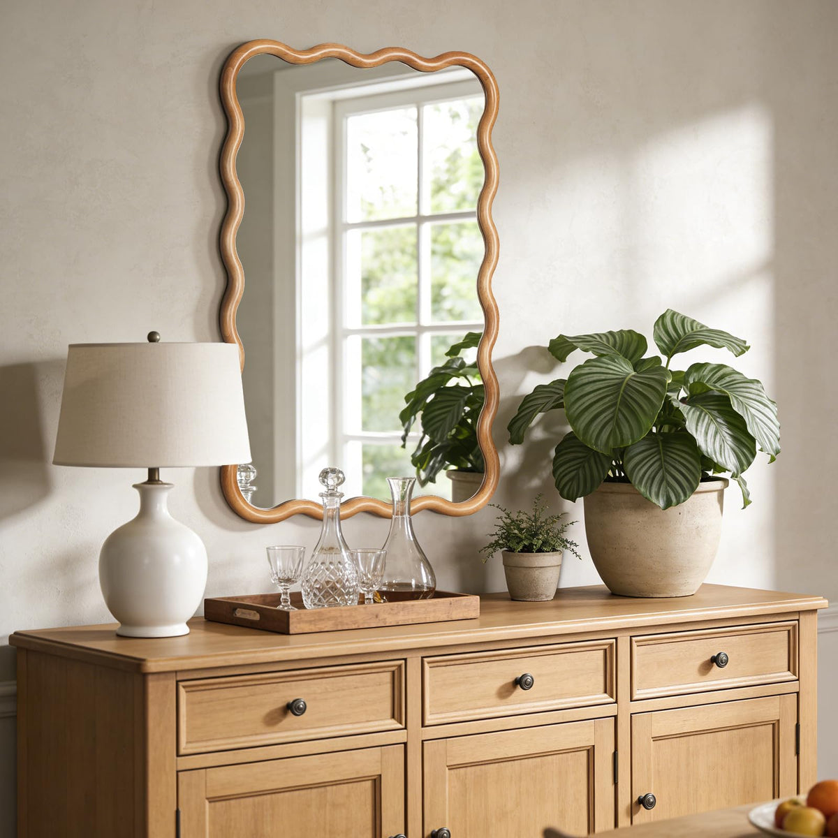 24"x36" Wavy Wood Mirror, Natural Wood Boho Accent Wall Mirror with Wooden Frame, Decorative Wall Mounted Mirror for