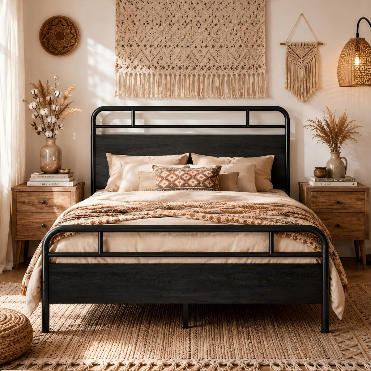 Bed Frame with Vintage Industrial Wood Headboard, Heavy Duty Metal Platform with 12" Under-Bed Storage
