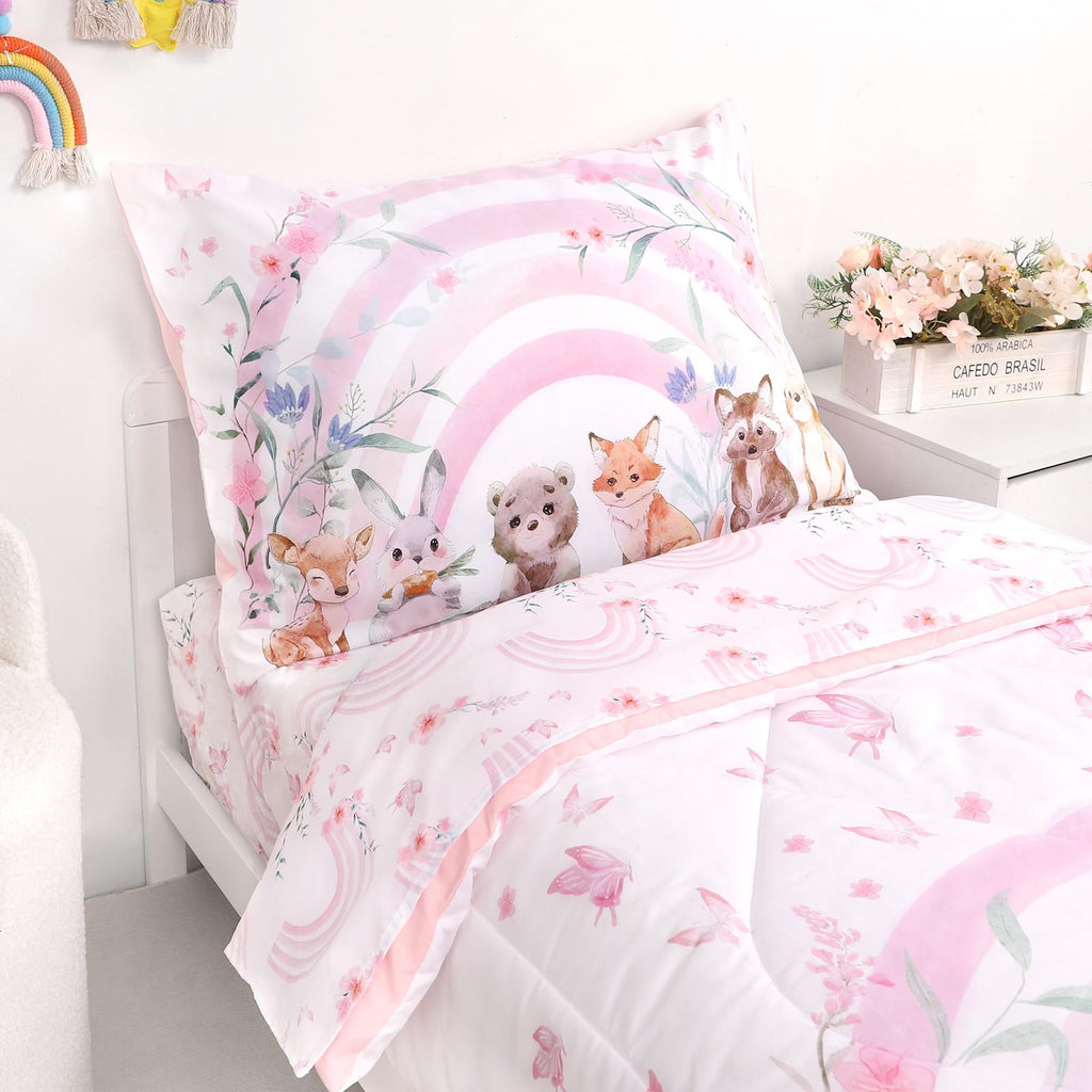 Toddler Bedding Set for Girls - 4 Piece Rainbow Toddler Comforter Set Includes Fitted Sheet, Comforter, Pillowcase &
