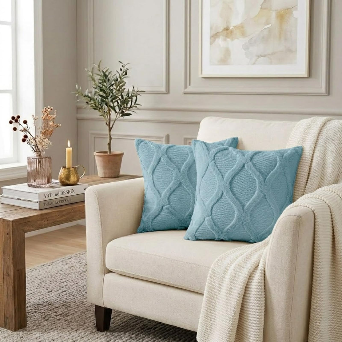 Fall Faux Fur Aqua Throw Pillow Covers 18x18 Set of 2