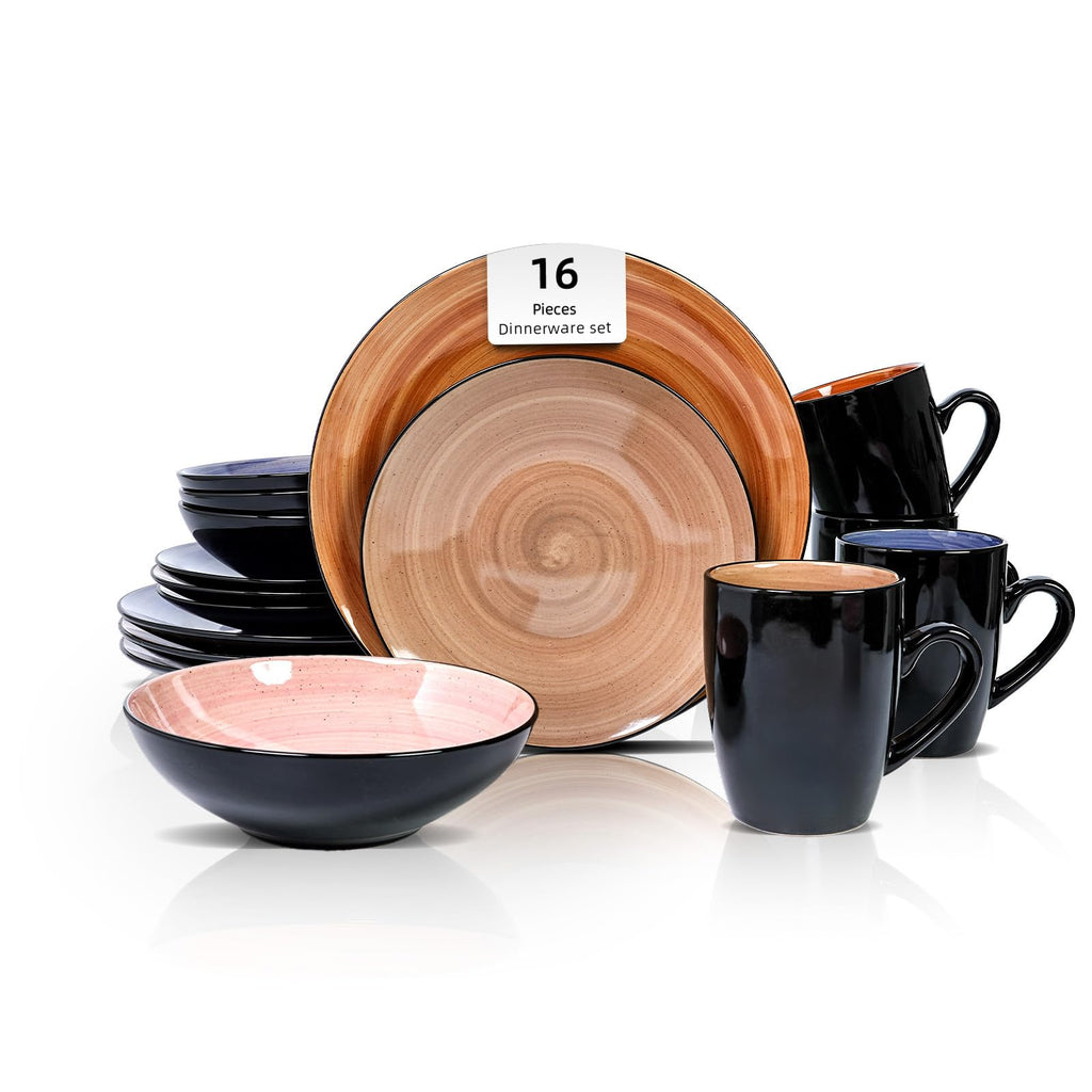 Sonoma 16pc Stoneware Dinnerware Set, Outside Black plus inside Hand Painting Combi Colors of Cobalt, Mocha, Rose and