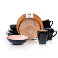 Sonoma 16pc Stoneware Dinnerware Set, Outside Black plus inside Hand Painting Combi Colors of Cobalt, Mocha, Rose and
