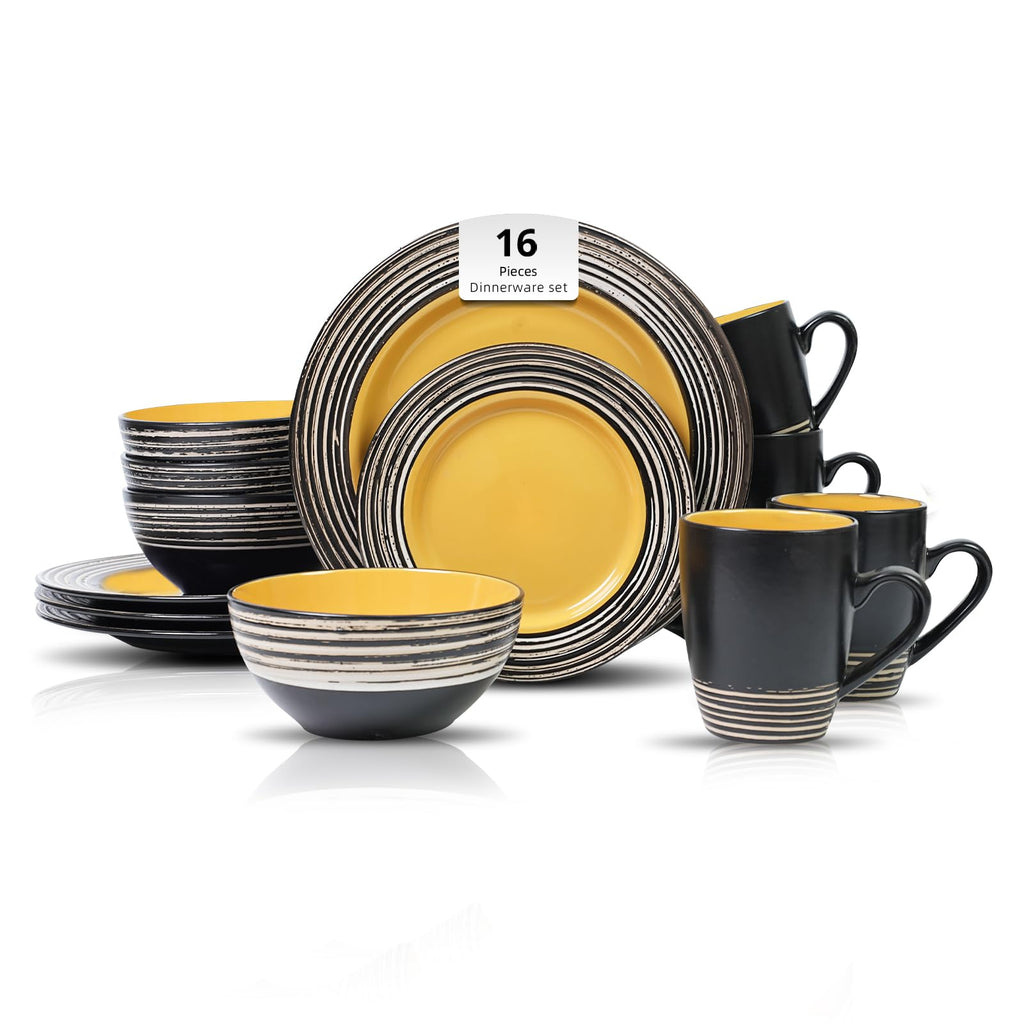 16 Piece Dinnerware Set, Ceramic Plates and Bowls Sets for 4, Microwave and Dishwasher Safe, Handcrafted Tree Bark