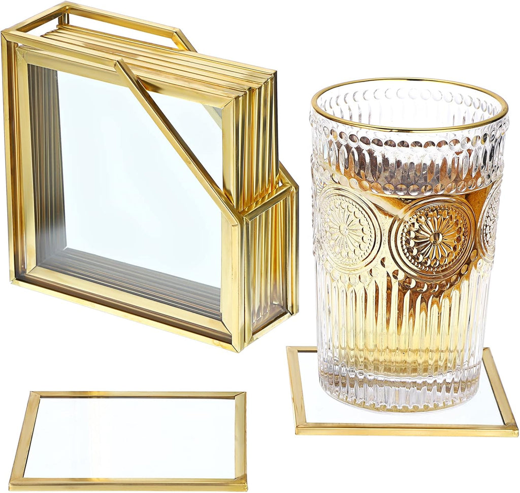 Gold Brass Clear Glass Round Coaster with Holder for Drinks - Set of 7