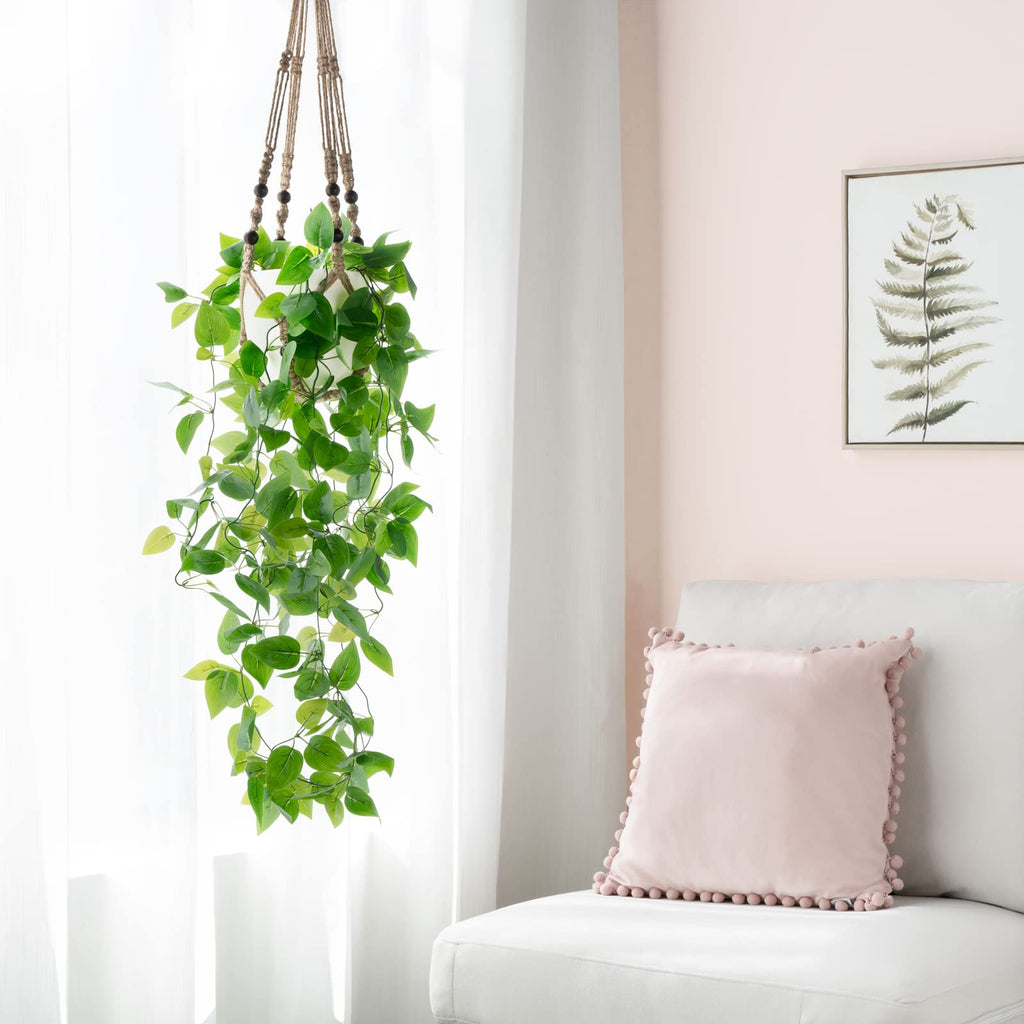 Fake Hanging Plant, Macrame Hanger with Pothos Vines & Pot, Brown