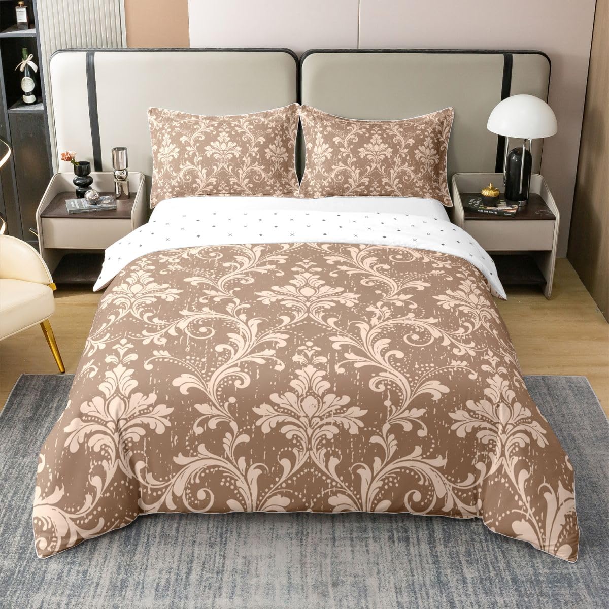 Damask 100% Cotton Comforter Cover Dark Brown Bedding Set Victorian Wood Grain Duvet Cover Antique Baroque