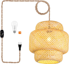 Plug in Pendant Light Rattan Hanging Lights with Plug in Cord Bamboo Hanging Lamp Dimmable, Handmade Woven Boho Wicker