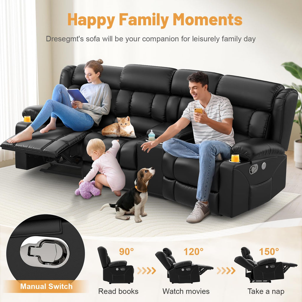 Recliner Sofa Set with Storage Console, Flip Middle Backrest Design 3 Seater Reclining Sofa and 2PC Single Recliner