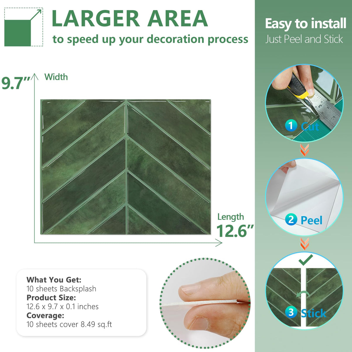 Herringbone Peel and Stick Backsplash, Green, 10 Sheets