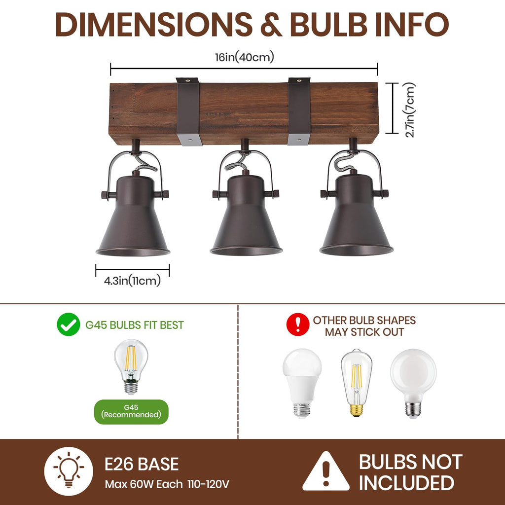 Rustic Kitchen Lights Ceiling, 3 Light Semi Flush Mount Ceiling Light, Farmhouse Wooden Track Lighting Fixtures