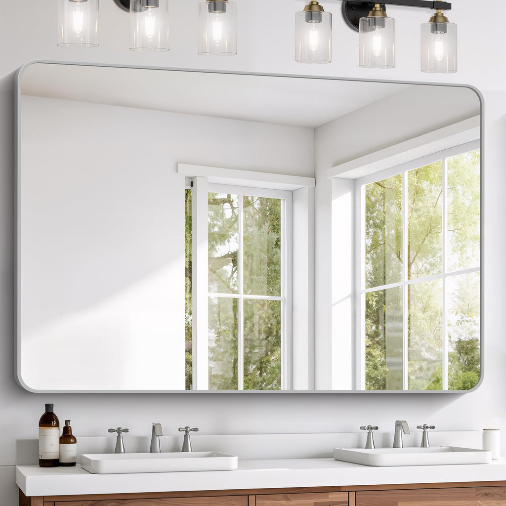 60x40 Inch Silver Bathroom Mirror for Over Sink, Large Rectangular Wall Mirror with Metal Frame, Rounded Corners