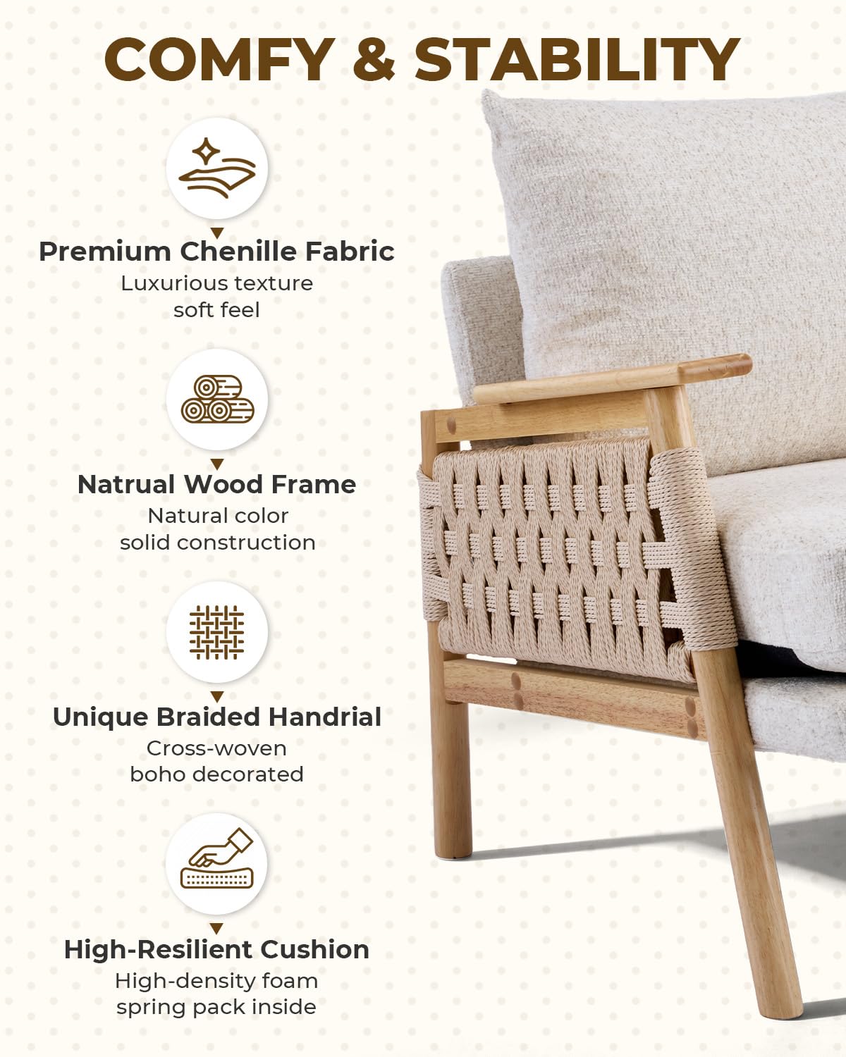 Mid-Century Modern Accent Chair, Woven Rope Arms, Beige