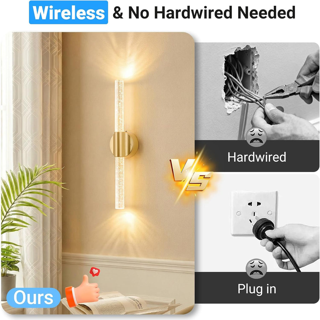 Peel and Stick on Gold Battery Operated Wall Sconces Set of 2, Rechargeable Magnetic Linear Wall Lights for Bedroom