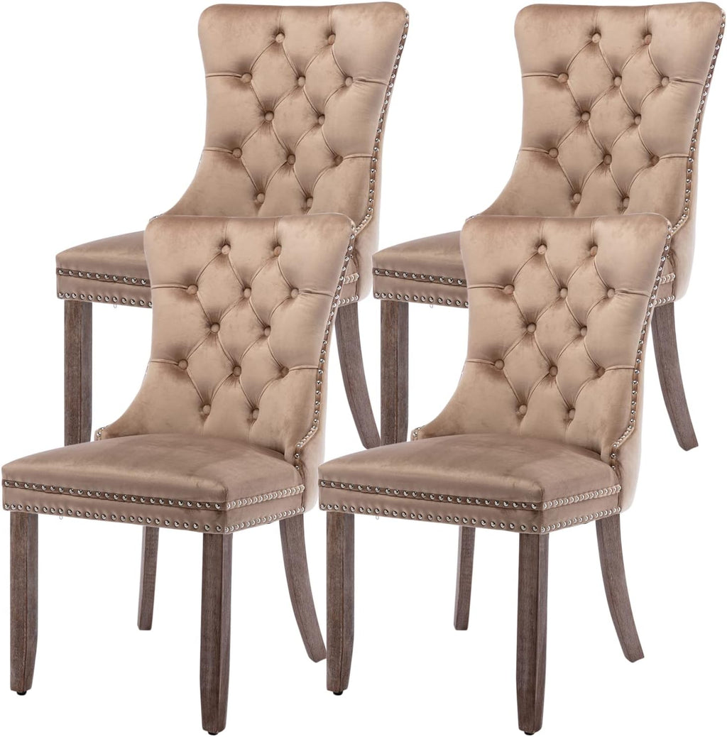 Velvet Dining Chairs Set of 4, Tufted Upholstered Chairs with Nailhead Back and Ring Pull, Solid Wood Legs, Khaki
