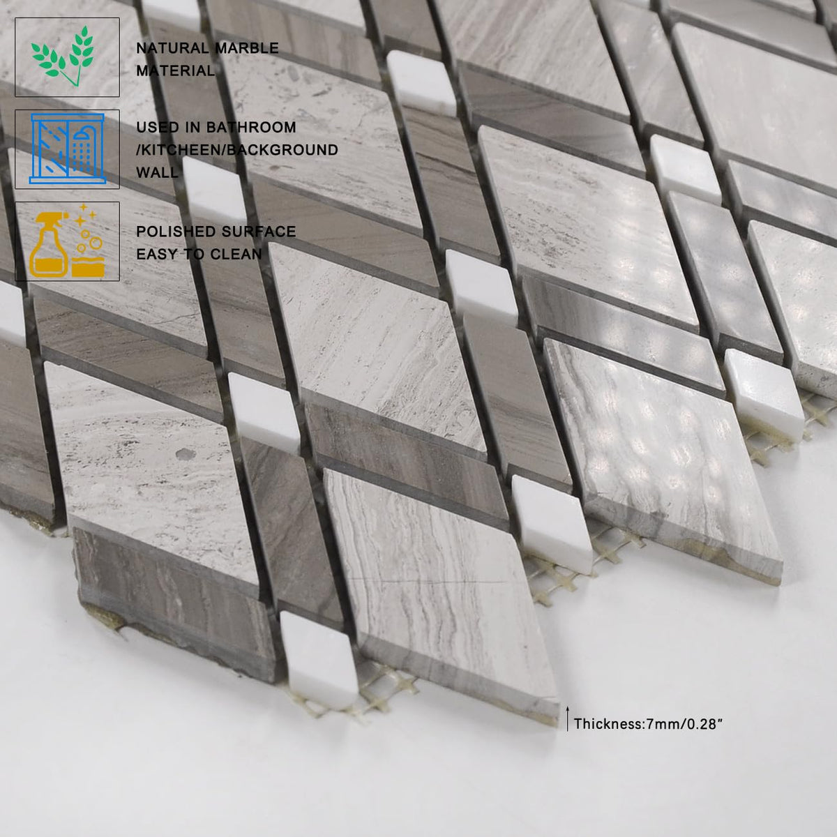 Gray Stone Diamond Mosaic Tiles, 5-Sheet Pack (5 Sq.Ft), Natural Textured Finish (Non-Polished), Geometric Rhombus