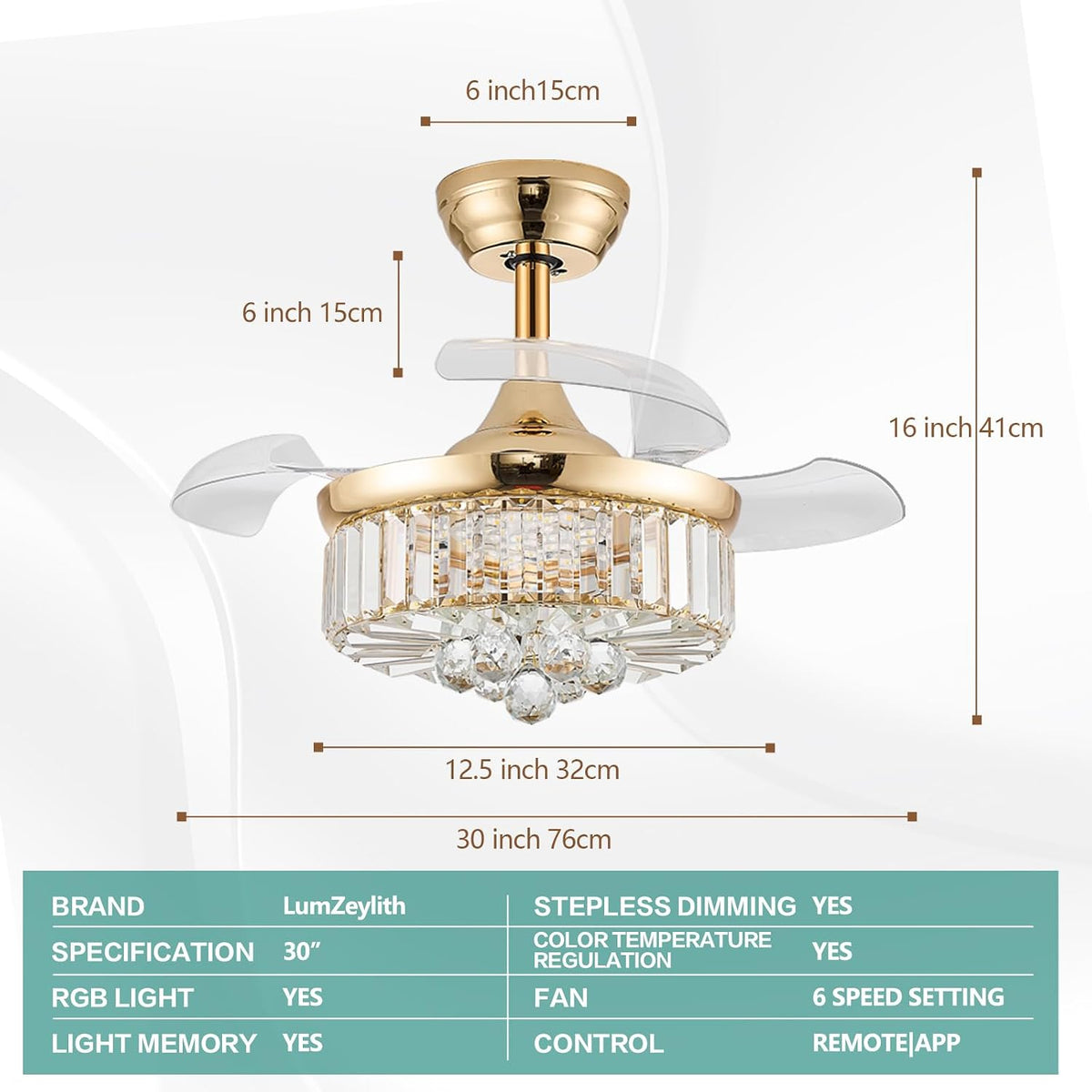 30" Crystal Retractable Ceiling Fan with Light & Remote