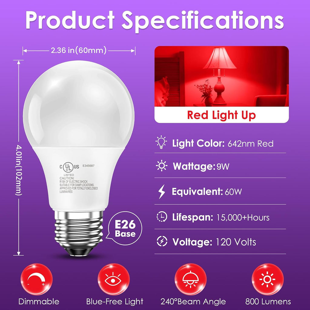 Red LED Light Bulbs for Sleep Dimmable, 60W Eq Bedroom Lamp, 4 Pack