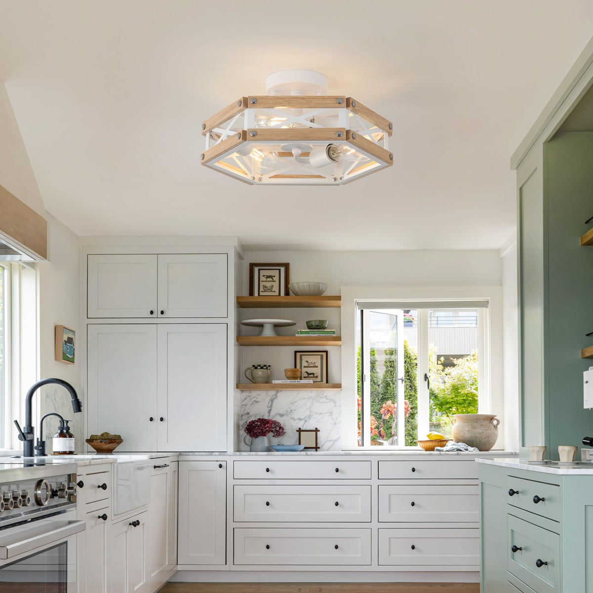 3-Light Modern Farmhouse Wood Flush Mount Ceiling Light Fixture 14.5 inch Vintage Natural Wood and Metal Cage Semi