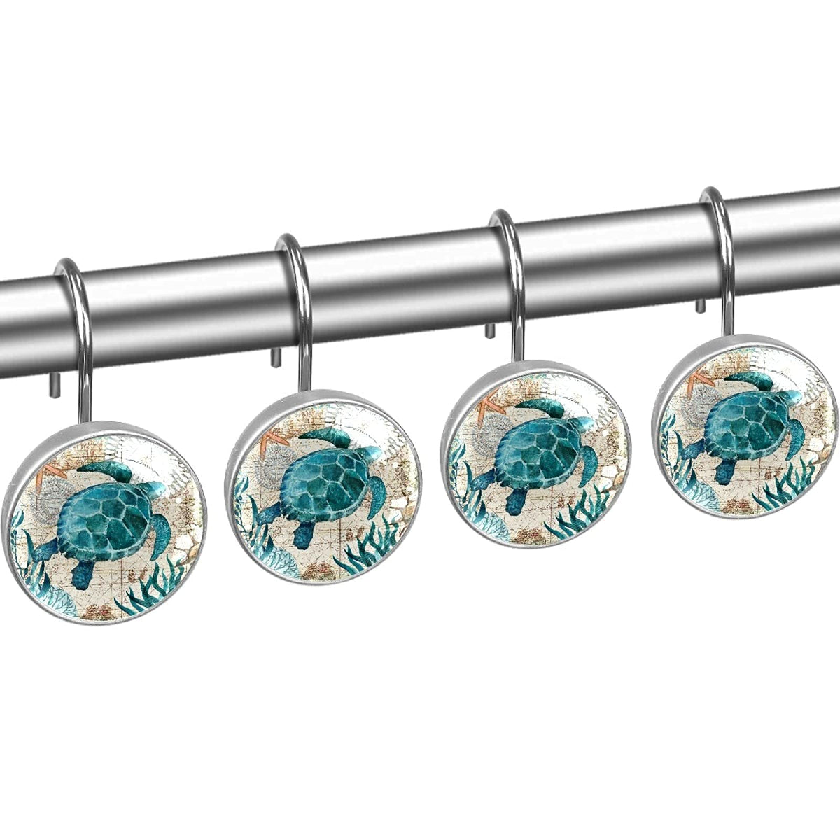 12pcs Ocean Turtles Shower Curtain Hooks, Retro Turtles Decorative Shower Curtain Hanger Rings Roller, Stainless