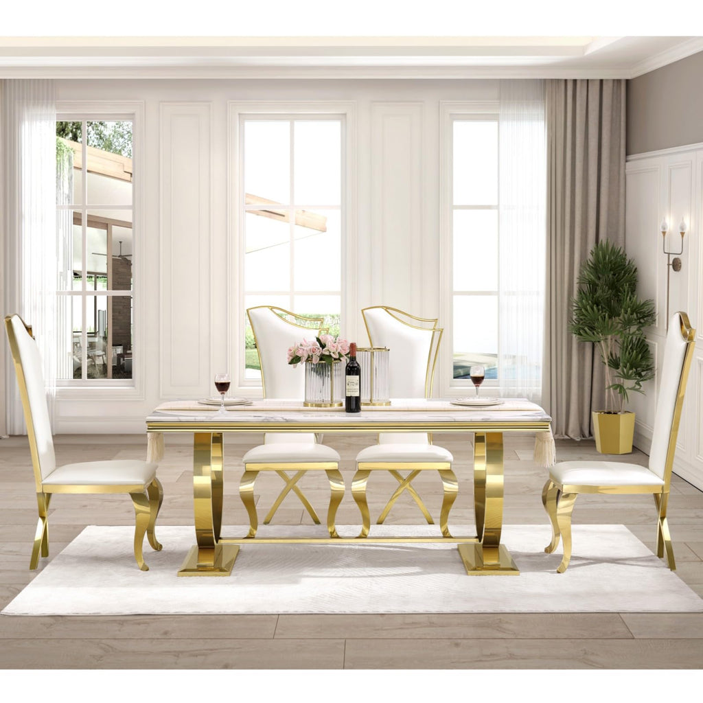 White and Gold Dining Table, Luxury 70" Faux Marble Dining Room Table with High Gloss White Top and Gold Metal U-Base