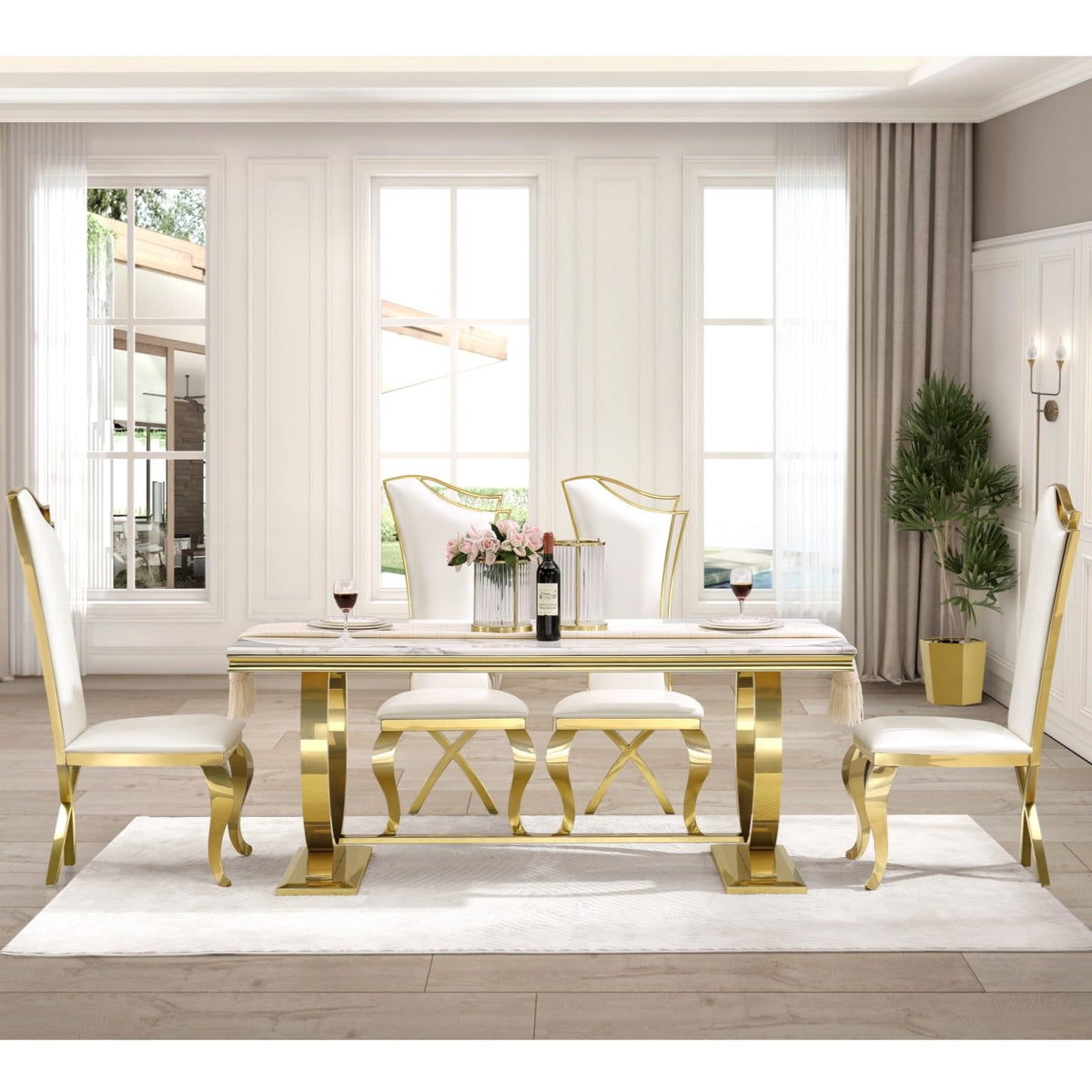 White and Gold Dining Table, Luxury 70" Faux Marble Dining Room Table with High Gloss White Top and Gold Metal U-Base