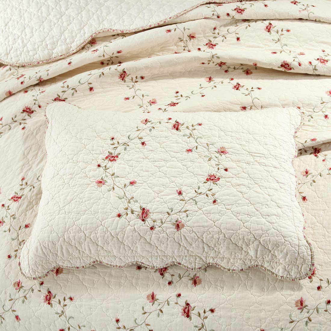 3-Piece Floral Embroidered Bedspread Coverlet Set Oversize 100% Cotton Reversible Patchwork 1 Quilt and 2