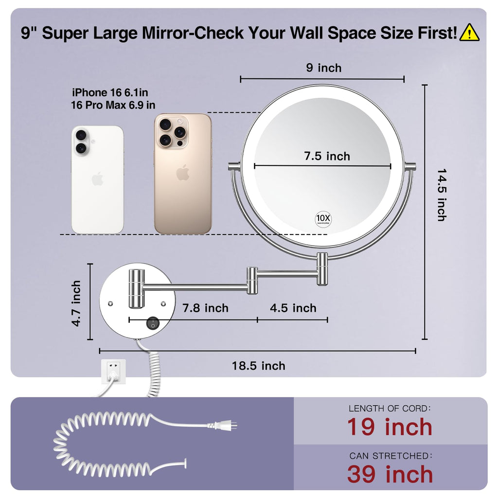 9" Large Wall Mounted LED Makeup Mirror with Magnification 10X/1X, Corded