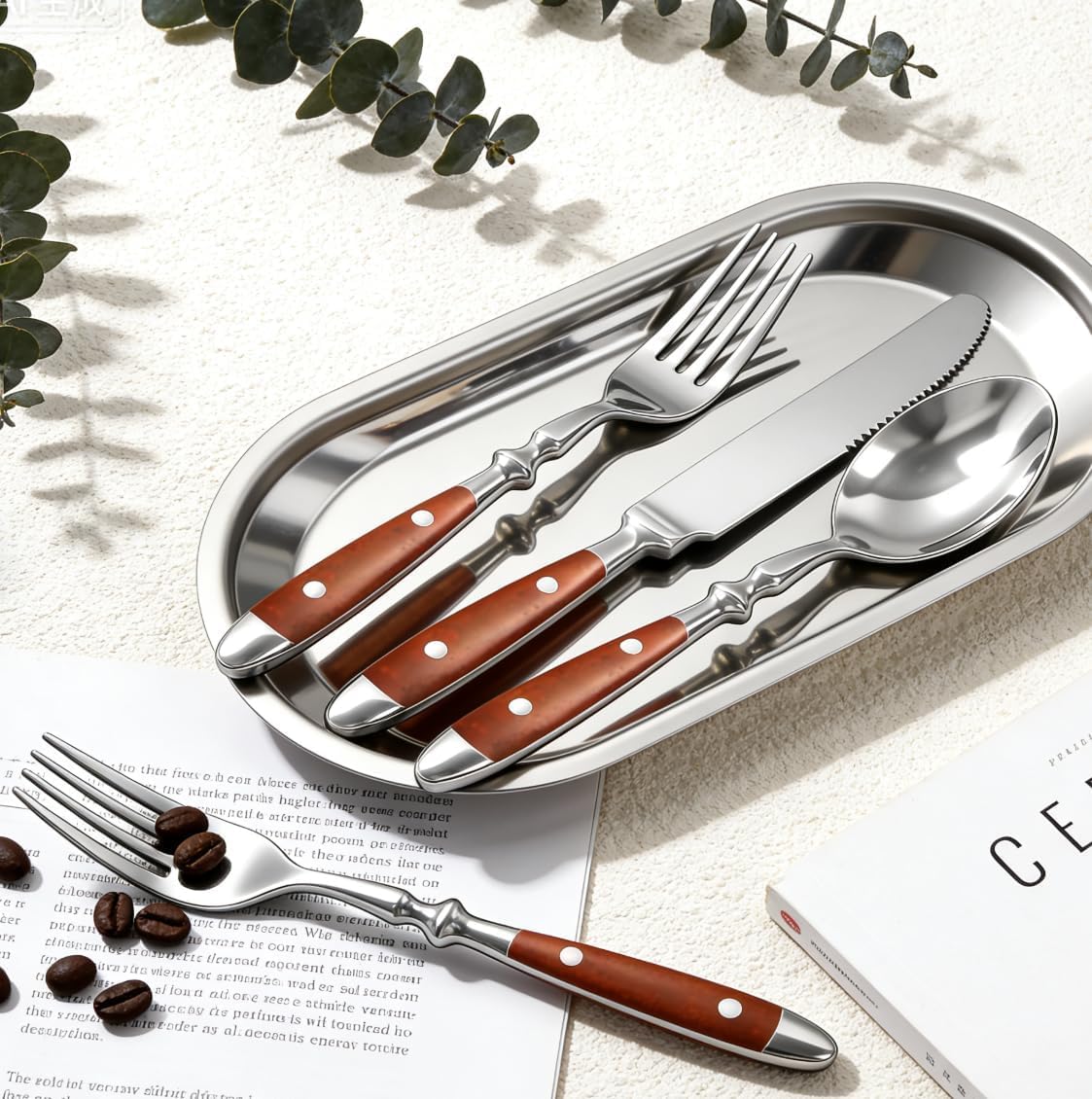Brown Silverware Set, Flatware Set with Brown Bakelite Handle, 20pcs