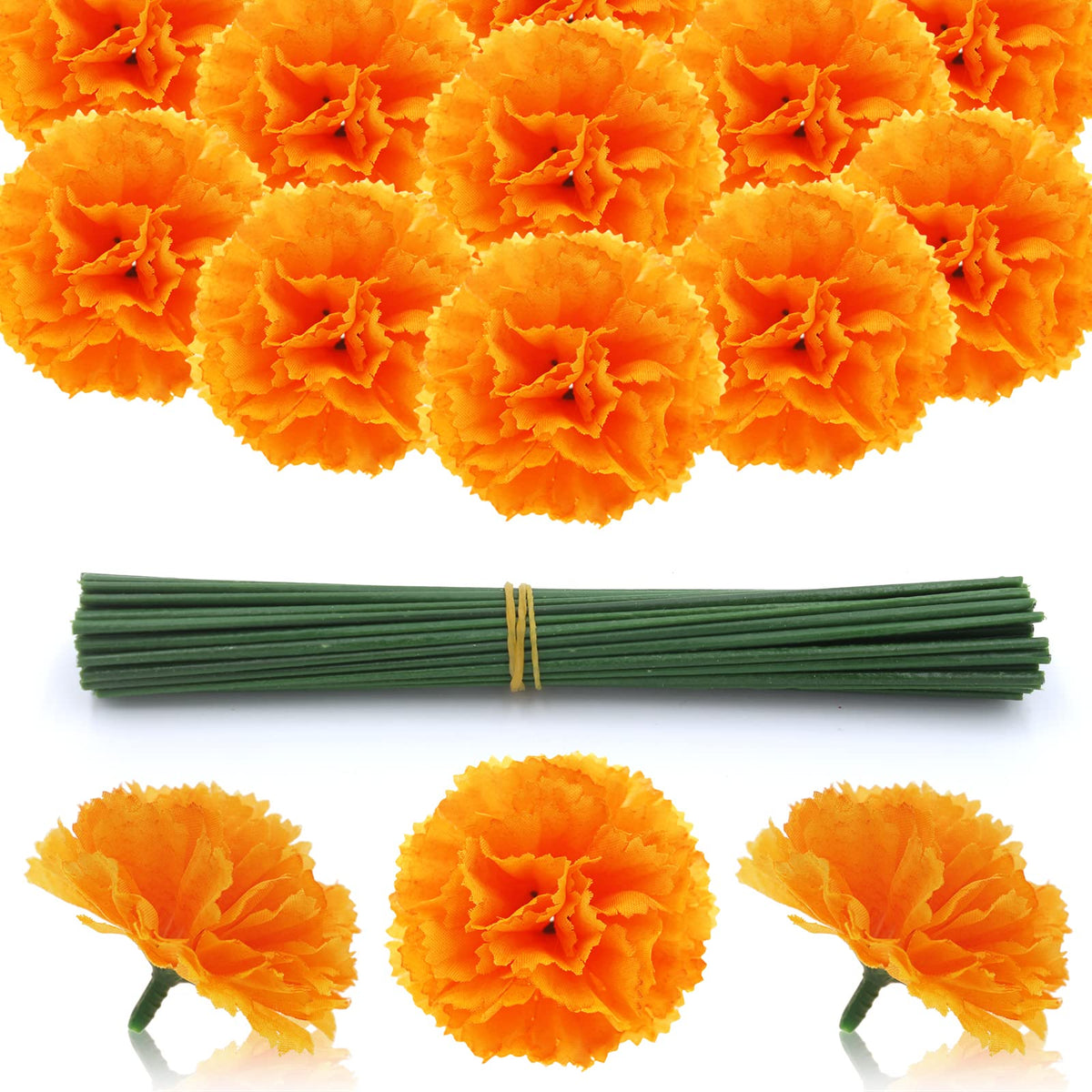 101 Pcs Marigold Flower Heads Bulk Silk with Stems