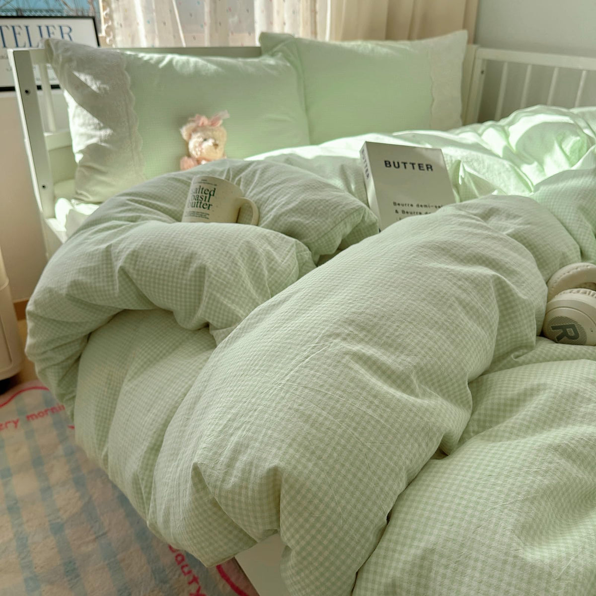 Green Gingham Comforter Set Romantic Lace Style Checkered Pattern Comforter Set Farmhouse Green Grid Plaid