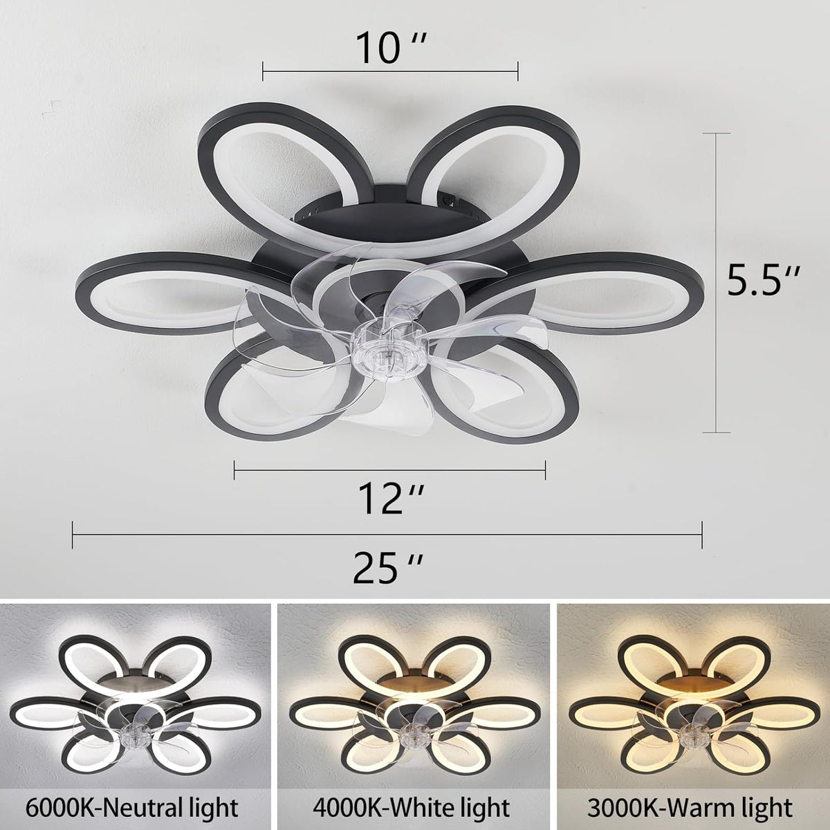 27" Black Flush Mount Ceiling Fan with Light & Remote